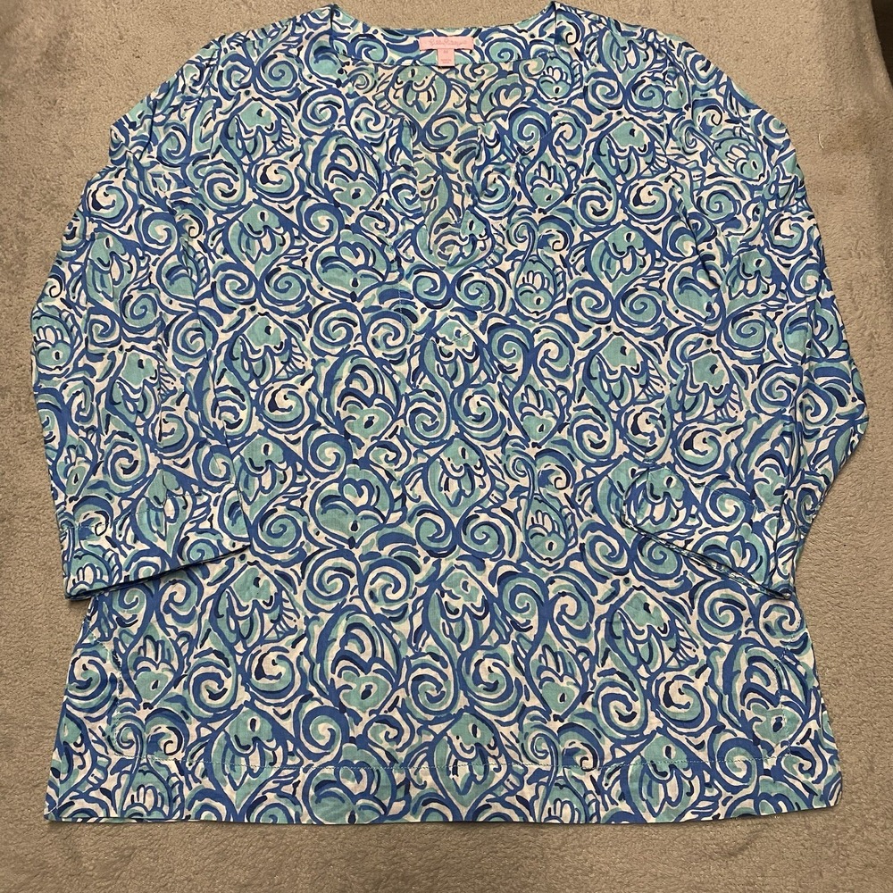 Lilly Pulitzer Amelia Island Tunic Medium Blue Chasing Tail Tropical V Neck